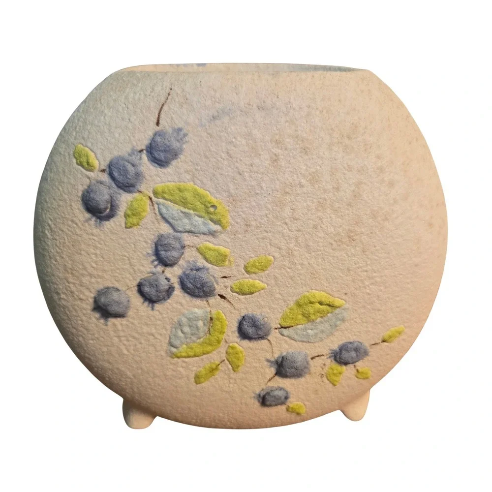 Signed Studio Pottery Textured Blueberry Vase Cream Blue Footed Cottagecore Farm